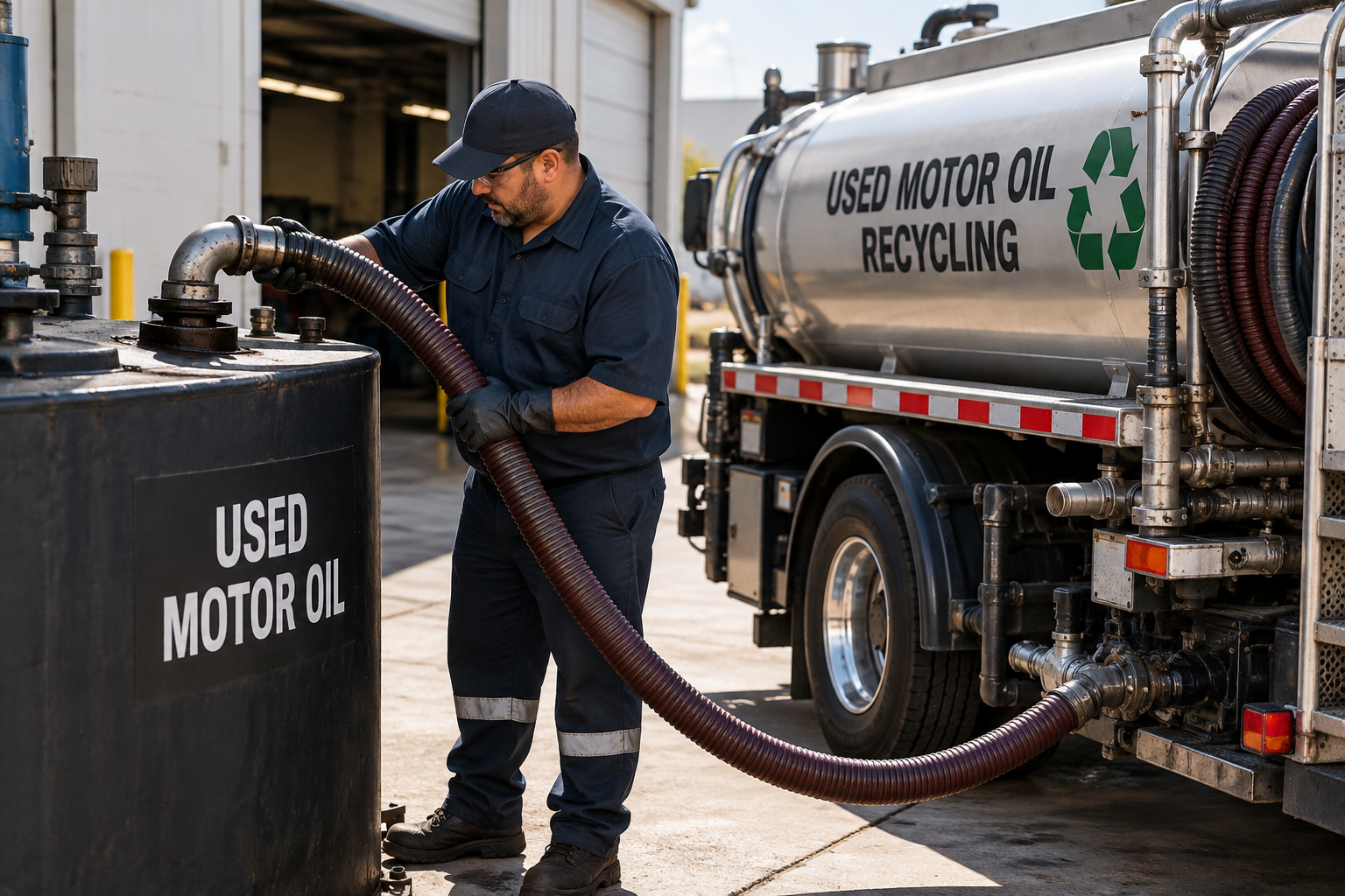 Service illustration of a worker transferring used motor oil from a labeled storage tank into a recycling tanker.