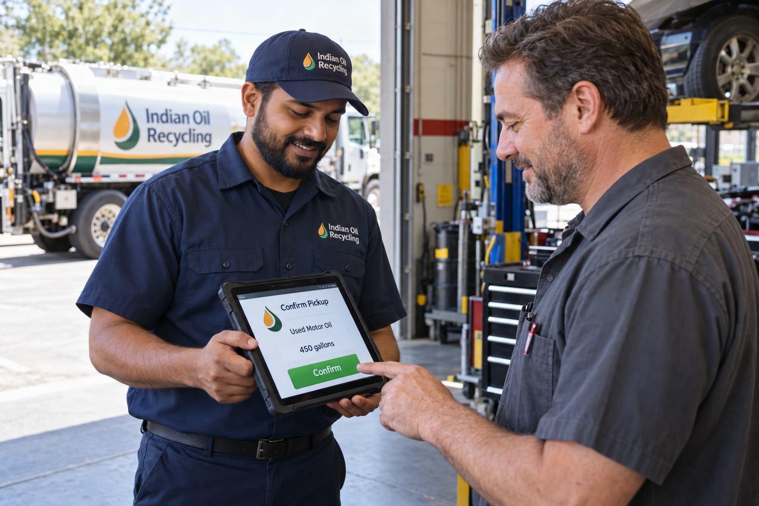 Concept illustration of an Indian Oil Recycling driver showing a customer a tablet to review a used motor oil pickup.