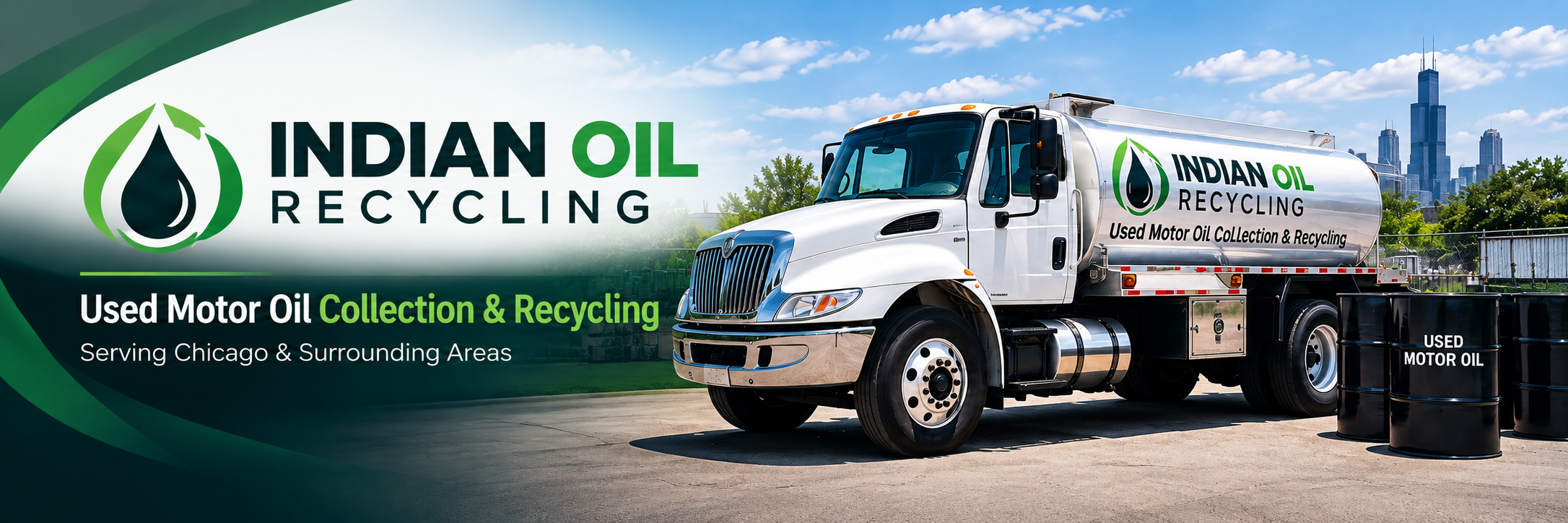 Indian Oil Recycling. Used Motor Oil Collection and Recycling. Serving Chicago and surrounding areas. Artwork of a tanker truck beside used motor oil drums.